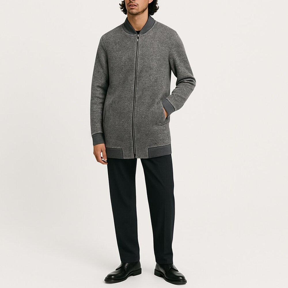 MNG Grey Knit Longline Bomber Jacket Coat M Felted Fabric